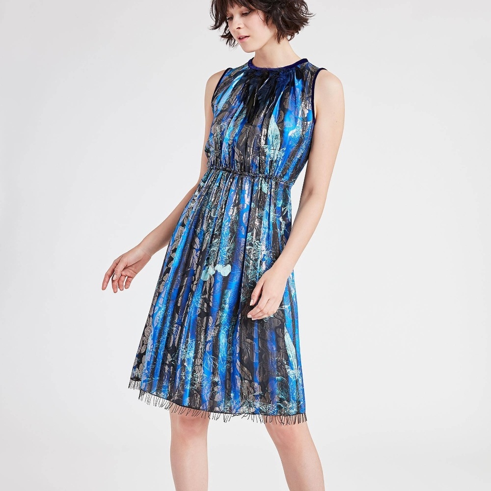 ELIE TAHARI Blue Floral Silk Silver Dress